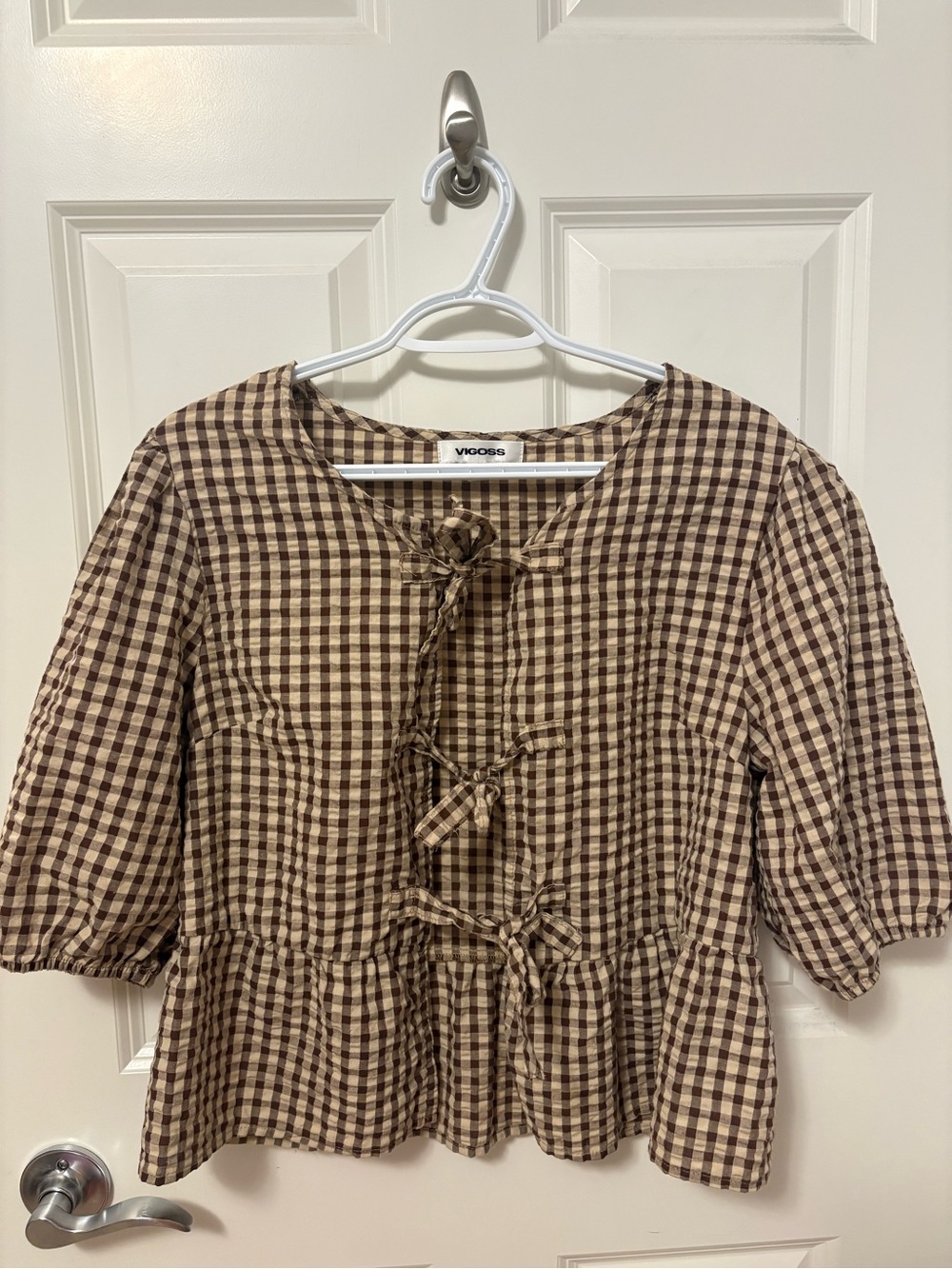 Vigoss Brown and Cream Gingham Tie-Front Short Sleeve Top